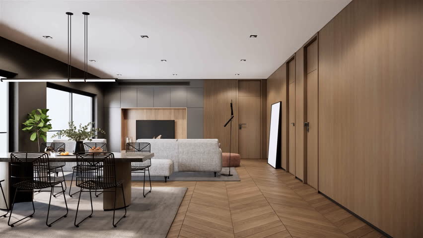 4K video 3d rendering modern style room interior design and decoration with fabric sofa, dining table and black chairs, tv set, sunlight from window. High floor apartment with balcony.