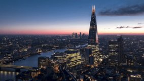 Establishing Aerial View Shot of London UK, United Kingdom, shard, pull our reveal