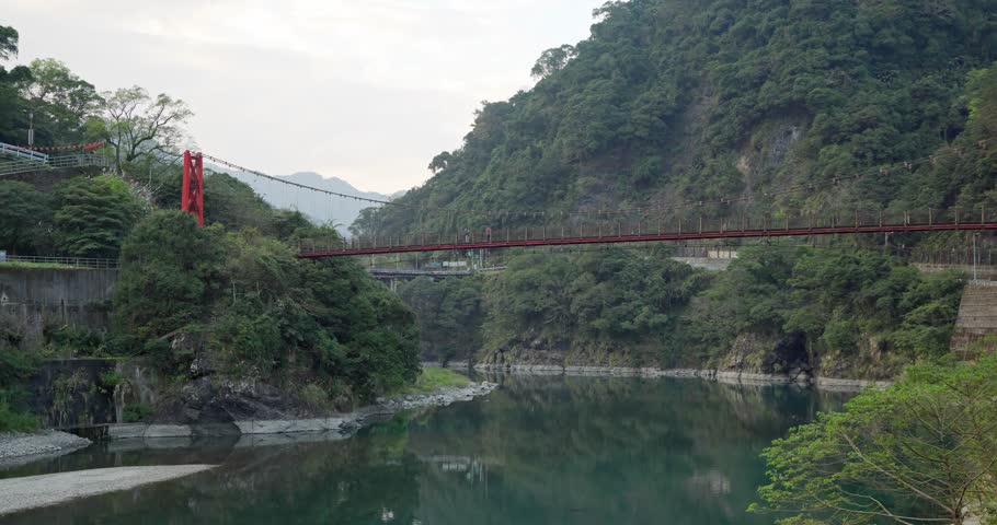 Beautiful landscape with red suspension bridge in Wulai of Taiwan