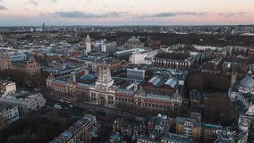 Establishing Aerial View Shot of London UK, United Kingdom, Victoria and Albert Museum, Kensington