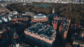 Establishing Aerial View Shot of London UK, United Kingdom,  Royal Albert Hall 