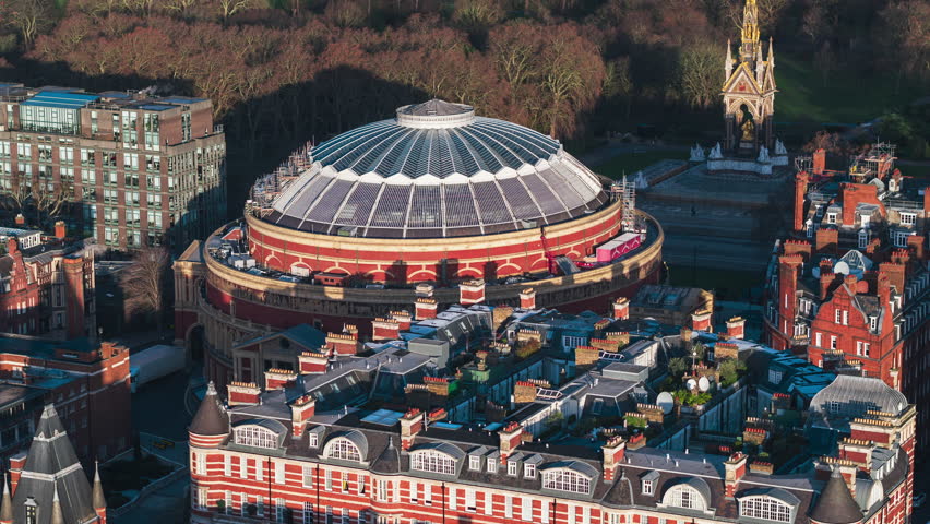 Establishing Aerial View Shot of London UK, United Kingdom,  Royal Albert Hall 