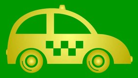 An animated golden taxi is driving. Vintage car is  riding. Looped video. Concept of public transport. Flat vector illustration isolated on green background.