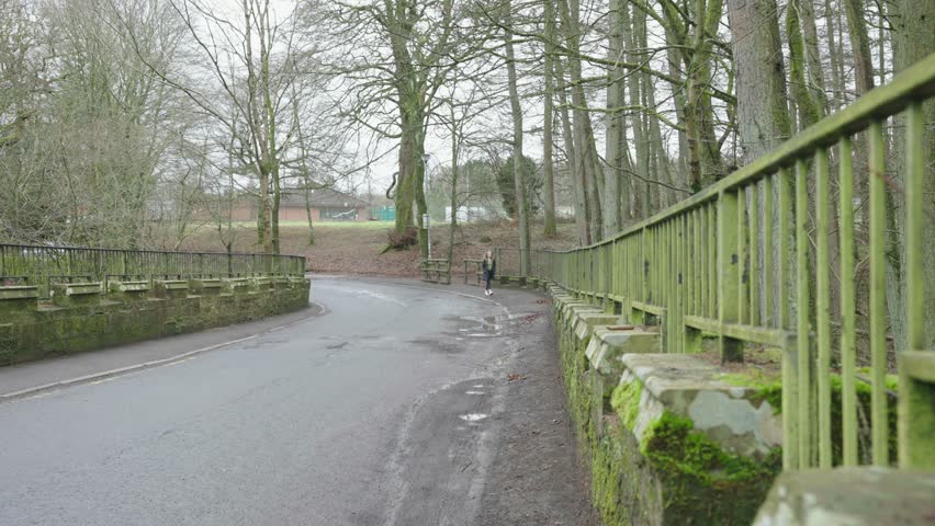 A young girl walking over a short bridge in the local park