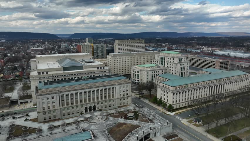 United States government buildings holding offices for federal departments. Aerial establishing shot of American office building for politicians.