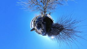 Little Tiny Planet 360 Small World View Of A Man Walking Towards A Church in 4K