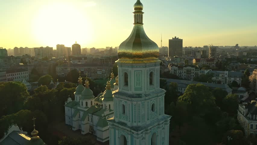 Beautiful view of St. Sophia Cathedral in the rays of the setting sun. Temple built in the first half of the 11th century in the center of Kyiv.