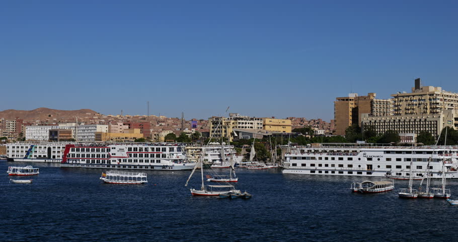 Cruise ships docked on the river Nile in Aswan, Egypt.