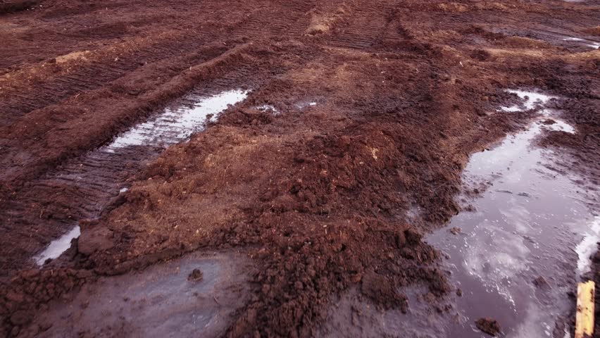 Frozen tire tracks in local peat deposit in winter season, dolly backward