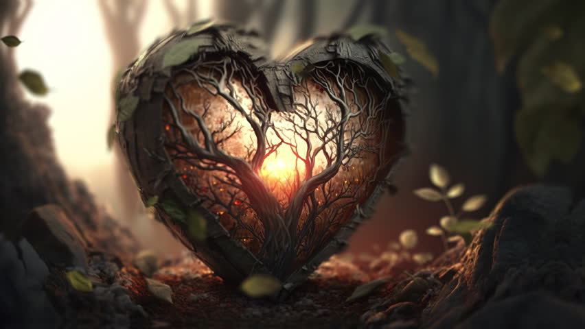 A heart shaped tree with a sun in the background and leaves on the ground Ecology Energy whimsical fantasy digital art heart heart Royalty-Free Stock Footage #1101015293