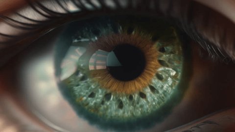 A close up of a green eye with a teary iris and a black circle around the iris astonished realistic eyes vision vision Video Stok