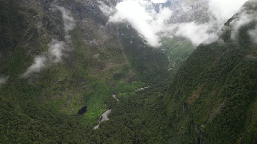 Spectacular scenic road to Milford Sound, Fiordland National Park, New Zealand - aerial