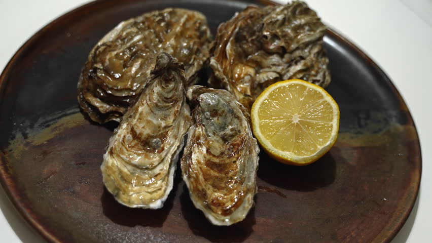Oysters and a lemon, seafood concept, distinguished cuisine. High quality 4k footage | Shutterstock HD Video #1101017975
