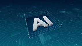 Motion graphic of 3D blue AI letter with circuit board and 3d abstract background concept of machine learning smartbot artificial intelligence chatbot technology and ai automatic answer