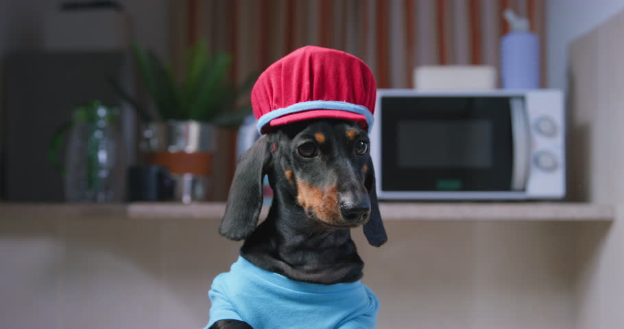 Dachshund plumber wearing special clothes barks at people in spacious apartment. Professional plumber dog prepares for fixing faucet mixer | Shutterstock HD Video #1101019593