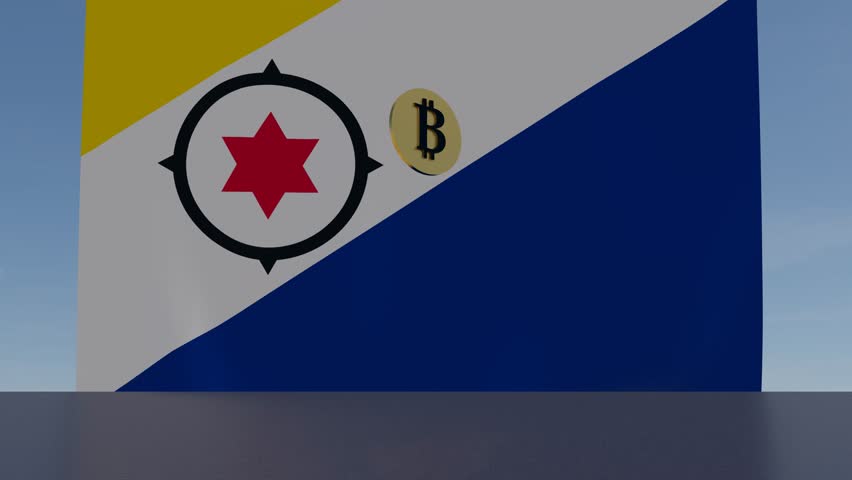 3D Render Animation Bitcoin bouncing and spinning in front of Flag of Bonaire