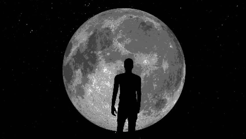 A man is walking towards the moon. 3d animation