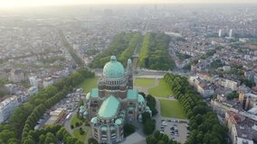 Inscription on video. Brussels, Belgium. National Basilica of the Sacred Heart. Early morning. Name is burning, Aerial View, Point of interest