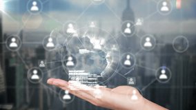 Animation of globe with icons and data processing over woman's hand. Global networks, digital interface, data processing and connections concept digitally generated video. - Powered by Shutterstock - Get 15% off with code: PIKWIZARD15