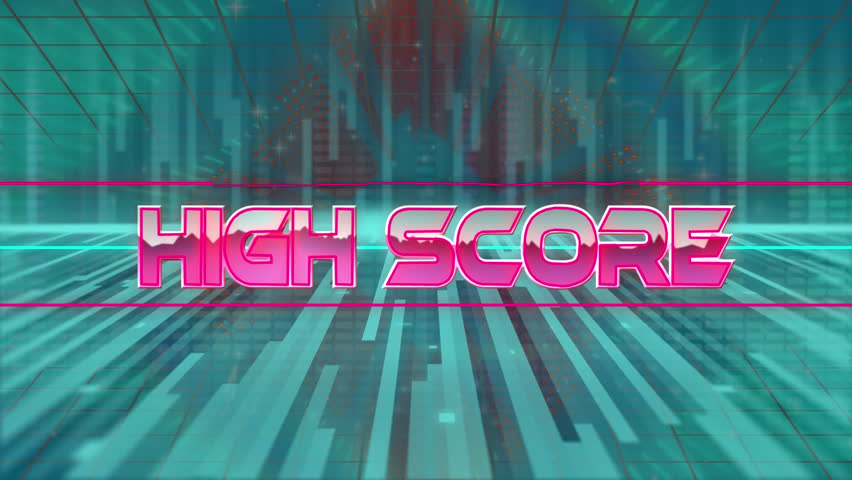 Animation of high score text banner over neon concentric squares and light trails. Videogame interface technology concept - Powered by Shutterstock - Get 15% off with code: PIKWIZARD15