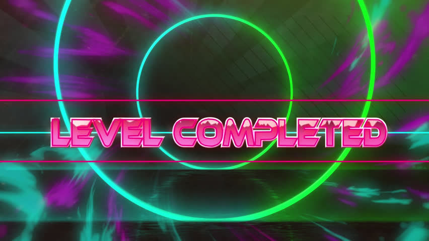 Animation of level completed text banner over neon concentric circles and digital waves. Videogame interface technology concept - Powered by Shutterstock - Get 15% off with code: PIKWIZARD15