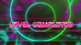 Animation of level completed text banner over neon concentric circles and digital waves. Videogame interface technology concept - Powered by Shutterstock - Get 15% off with code: PIKWIZARD15