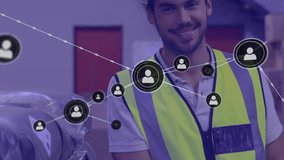 Animation of network of profile icons over biracial male worker smiling at warehouse. Global networking and logistics business technology concept - Powered by Shutterstock - Get 15% off with code: PIKWIZARD15