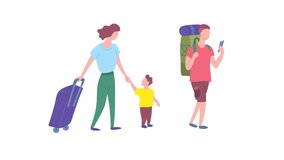 Cartoon Color Characters Tourists with Luggage Travel Concept Flat Design Style. Animation Effect Illustration of Mom with Child and Boy with Bags