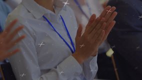 Animation of grid network over caucasian businesswoman clapping at a business conference. Business technology concept - Powered by Shutterstock - Get 15% off with code: PIKWIZARD15