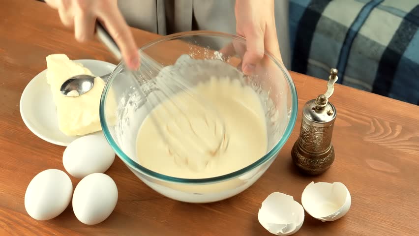 Whisking Flour And Water. Making Waffle Dough On Lunch. Muffin Mixing Bowl For Baking. Dessert Cook. Delicious Recipe Kneading Dough. Home Cooking Pancake Bakery Preparation. Mixing Dough Whipped Eggs Royalty-Free Stock Footage #1101029767