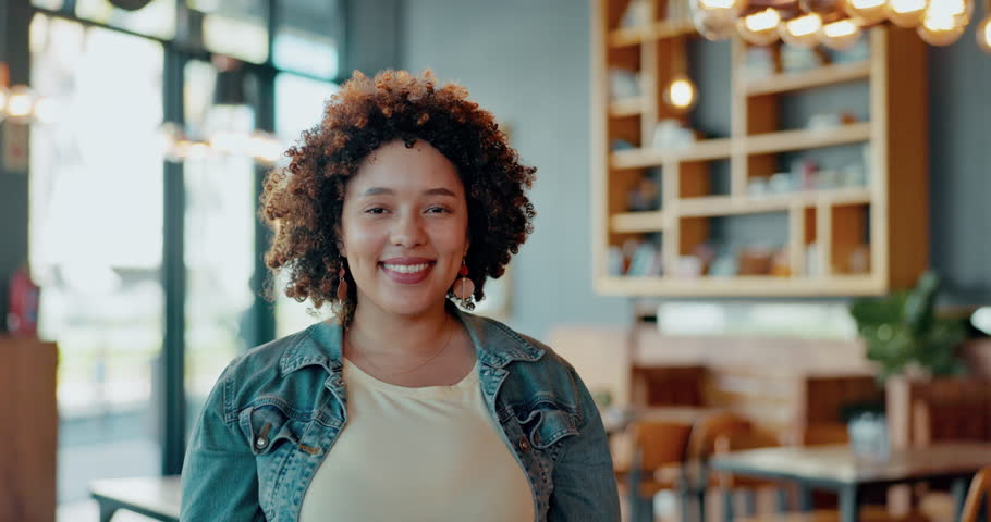 Happy, face and woman entrepreneur in a coffee shop with a small startup business success. Happiness, confidence and portrait of female cafe owner from Puerto Rico with smile standing with leadership | Shutterstock HD Video #1101030497