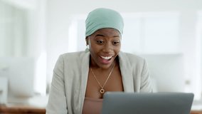 Laptop, celebration and black woman excited in achievement, target goals or motivation. Happy female worker, computer and celebrate success in office of winner, bonus or fist of winning surprise deal - Powered by Shutterstock - Get 15% off with code: PIKWIZARD15