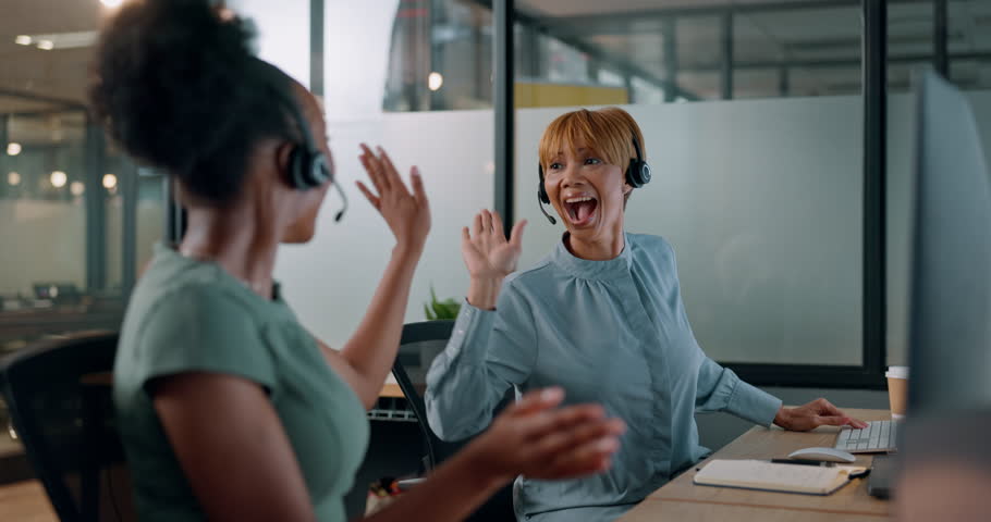 Telemarketing success, teamwork high five and happy call center agent, customer support and consultant talking in office. Crm employee collaboration, target achievement and hand gesture celebration Royalty-Free Stock Footage #1101030869