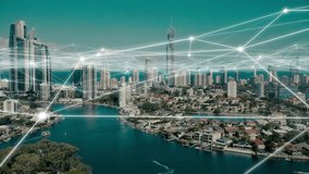 Digital, city and network in IoT drone of buildings, 3d animation and node overlay in a town. Networking nodes aerial over architecture in future technology, communication and big data for business - Powered by Shutterstock - Get 15% off with code: PIKWIZARD15