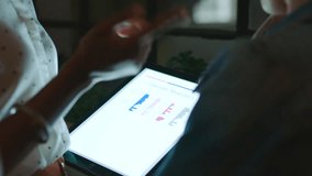 Women, tablet and data analysis in night office and planning innovation, brand strategy or digital marketing kpi. Happy smile or talking worker in business teamwork collaboration of infographic chart - Powered by Shutterstock - Get 15% off with code: PIKWIZARD15