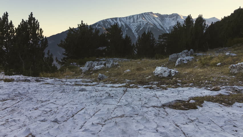 Moving Timelapse sunset Mountain Olympus forest snowy peaks Panning Petrostrouga