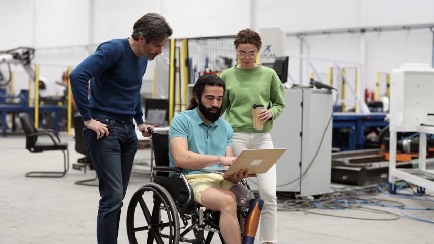 Workers in a robotic factory, engineers talking in the factory, social inclusion of people with disabilities, | Shutterstock HD Video #1101037831