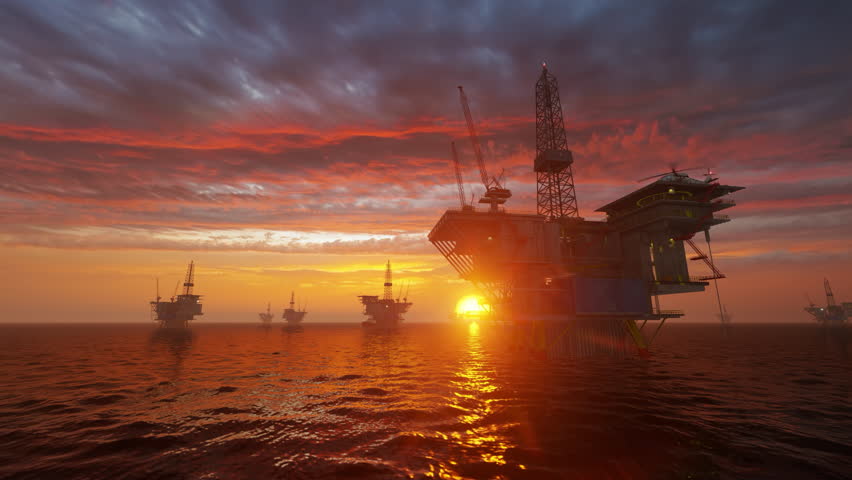 Oil Rigs with Helicopter flying against beautiful sunrise, 4k Royalty-Free Stock Footage #1101039729