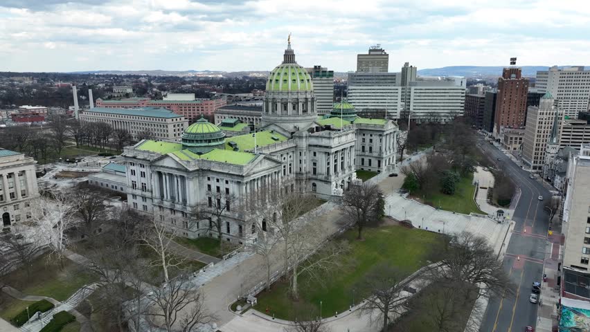 Pennsylvania capitol building in Harrisburg, PA. Aerial shot of old, historic political building.