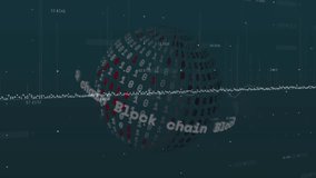 Animation of block chain text and binary coding globe over data processing. Global business and digital interface concept digitally generated video.