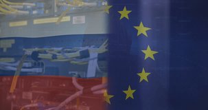 Animation of flags of eu and russia over server room. Global business, patriotism and digital interface concept digitally generated video.
