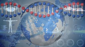 Animation of dna strand and globe over science data processing. Global science and digital interface concept digitally generated video.