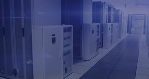 Animation of data processing and human icon over server room. Global business and digital interface concept digitally generated video.