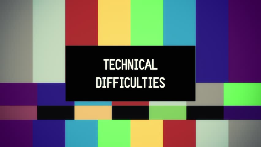 The text message Technical Difficulties inside a black box appearing in different places of the screen of a television, overimposed on a colorful test pattern. | Shutterstock HD Video #1101045959
