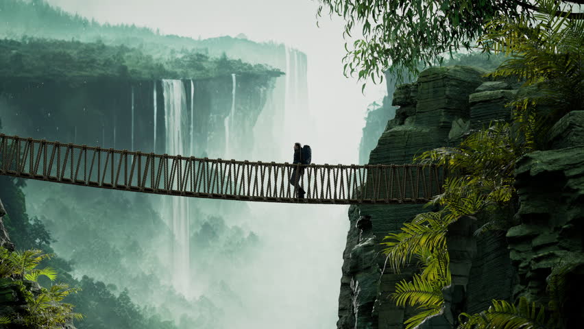 Hiker Walking on a Rope Bridge in the Jungle near Waterfall in the Forest Discover the Beauty of Nature and Serenity in Travel Destinations Tranquil Solitude
