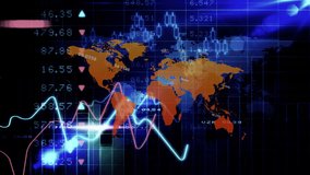 Animation of multiple graphs over changing numbers on map against black background. Digitally generated, hologram, illustration, report, business, global, growth and technology concept. - Powered by Shutterstock - Get 15% off with code: PIKWIZARD15