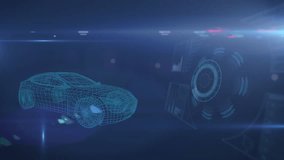 Animation of data processing over 3d car drawing. Global car engineering, computing, digital interface and data processing concept digitally generated video. - Powered by Shutterstock - Get 15% off with code: PIKWIZARD15