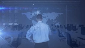 Animation of icons and data over caucasian businessman by world map. Global business, finances, cloud computing and data processing concept digitally generated video. - Powered by Shutterstock - Get 15% off with code: PIKWIZARD15