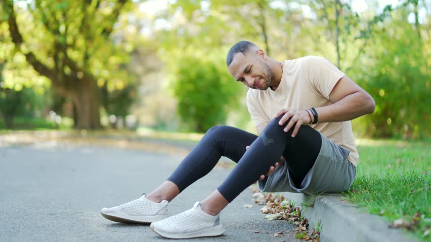 Young athlete runner sitting with muscle pain in city park. Man massaging stretching, trauma injury while jogging outdoors. Fitness male sprain severe pain stretch pull. Leg muscle cramp calf sport Royalty-Free Stock Footage #1101051409