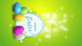 Vertical video. Easter sticker animation with rabbit ears and colored eggs on blue background with butterflies. Happy Easter. Looped.